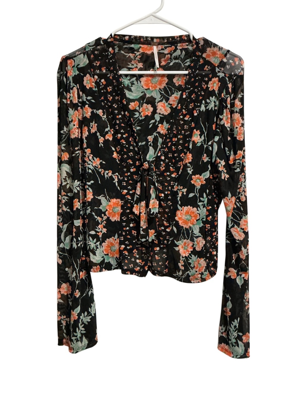 Free People Women’s Floral Mesh Tie Front Top Long Bell Sleeve Whimsigoth